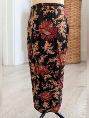 912 Vintage Talbots 100% Wool Floral Tapestry Maxi Skirt Black Burgundy